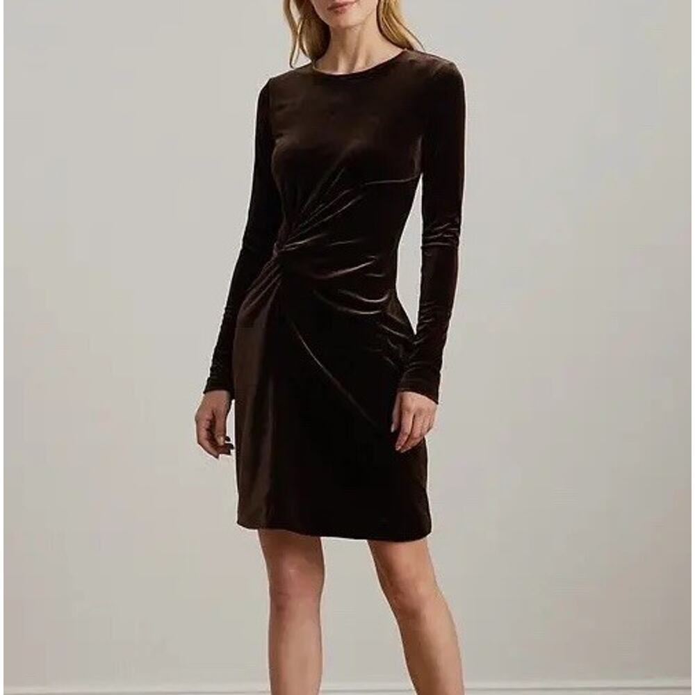 Lauren Ralph Lauren Twist Front Dress Size 2 Brown Velvet Long Sleeve NWT $195